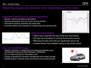 Balancing supply and demand when intermittency is the norm Integrated Control Centres optimise operations Monitor, control and balance generation  Optimise generation and mix across diverse portfolio Eliminate functional, expertise and asset silos Uncovers patters from operational, engineering and business data Denmark’s EDISON Project "Electric Vehicles in a Distributed and Integrated Market using Sustainable Energy and Open Networks" (EDISON). EVs as balancing tool for intermittent wind Charge scheduling for demand management and energy storage Vehicle-to-grid in periods of low wind power and excess demand Optimal market trading Higher return potential from Day Ahead than Spot trading But high risk of penalties for missing the bid power amount IBM  Deep Thunder and ILOG can significantly reduce risk Enables efficient and profitable trading on day ahead market 