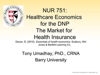 NUR 751:
Healthcare Economics
for the DNP
The Market for
Health Insurance
Dewar, D. (2010). Essentials of health economics. Sudbury, MA:
Jones & Bartlett Learning Co.
Tony Umadhay, PhD., CRNA
Barry University
 