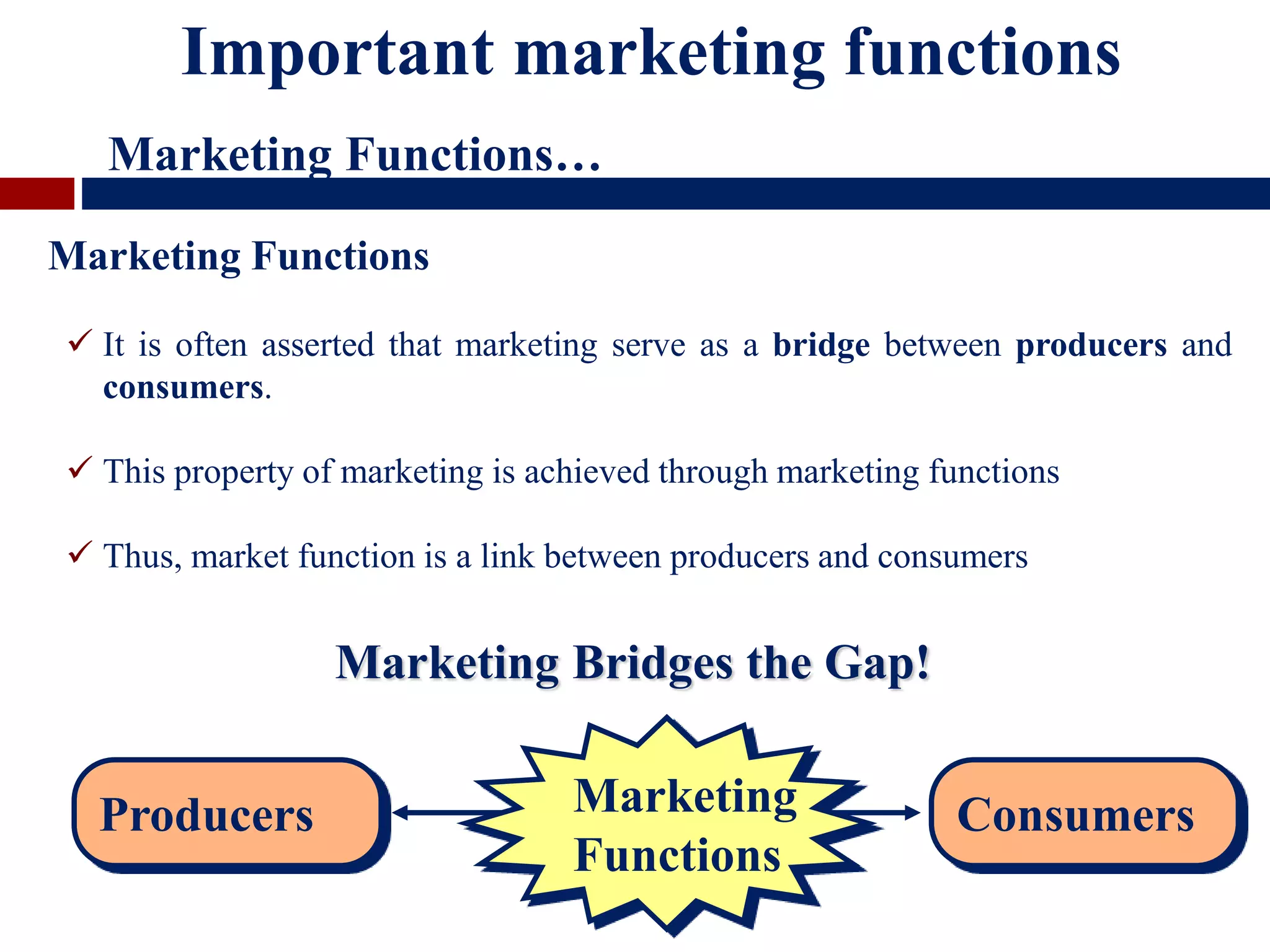 Marketing Functions
 It is often asserted that marketing serve as a bridge between producers and
consumers.
 This property of marketing is achieved through marketing functions
 Thus, market function is a link between producers and consumers
Important marketing functions
Marketing Functions…
Producers ConsumersMarketing
Functions
Marketing Bridges the Gap!
 