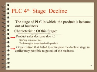 PLC 4 th   Stage  Decline The stage of PLC in which  the product is became out of business  Characteristic Of this Stage: Product sales decrease due to : Shifting consumer tats Technological Associated with product Organization that failed to anticipate the decline stage in  earlier may possible to go out of the business 