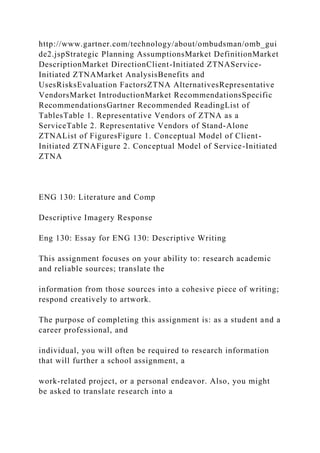 http://www.gartner.com/technology/about/ombudsman/omb_gui
de2.jspStrategic Planning AssumptionsMarket DefinitionMarket
DescriptionMarket DirectionClient-Initiated ZTNAService-
Initiated ZTNAMarket AnalysisBenefits and
UsesRisksEvaluation FactorsZTNA AlternativesRepresentative
VendorsMarket IntroductionMarket RecommendationsSpecific
RecommendationsGartner Recommended ReadingList of
TablesTable 1. Representative Vendors of ZTNA as a
ServiceTable 2. Representative Vendors of Stand-Alone
ZTNAList of FiguresFigure 1. Conceptual Model of Client-
Initiated ZTNAFigure 2. Conceptual Model of Service-Initiated
ZTNA
ENG 130: Literature and Comp
Descriptive Imagery Response
Eng 130: Essay for ENG 130: Descriptive Writing
This assignment focuses on your ability to: research academic
and reliable sources; translate the
information from those sources into a cohesive piece of writing;
respond creatively to artwork.
The purpose of completing this assignment is: as a student and a
career professional, and
individual, you will often be required to research information
that will further a school assignment, a
work-related project, or a personal endeavor. Also, you might
be asked to translate research into a
 