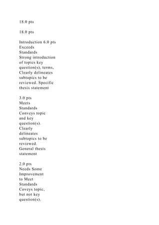 18.0 pts
18.0 pts
Introduction 6.0 pts
Exceeds
Standards
Strong introduction
of topics key
question(s), terms,
Clearly delineates
subtopics to be
reviewed. Specific
thesis statement
3.0 pts
Meets
Standards
Conveys topic
and key
question(s).
Clearly
delineates
subtopics to be
reviewed.
General thesis
statement
2.0 pts
Needs Some
Improvement
to Meet
Standards
Coveys topic,
but not key
question(s).
 