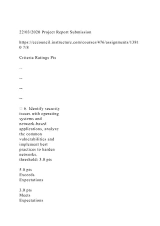 22/03/2020 Project Report Submission
https://eccouncil.instructure.com/courses/476/assignments/1381
0 7/8
Criteria Ratings Pts
--
--
--
--
issues with operating
systems and
network-based
applications, analyze
the common
vulnerabilities and
implement best
practices to harden
networks.
threshold: 3.0 pts
5.0 pts
Exceeds
Expectations
3.0 pts
Meets
Expectations
 
