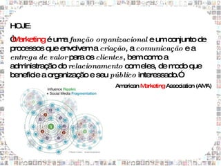 HOJE:
“ arketing é um função organizacional e um conjunto de
 M              a
processos que envolvem a criação, a comunicação e a
entrega de valor para os clientes, bem com ao
adm inistração do relacionamento com eles, de m  odo que
beneficie a organização e seu público interessado.”
                             American Marketing Association (AMA)
 