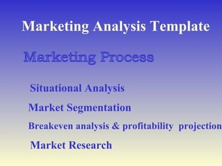 Marketing Analysis Template Marketing Process Market Segmentation Situational Analysis Breakeven analysis & profitability  projection Market Research 