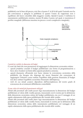 Appunti d’esame
Marketing                                                                                   www.profland.135.it

pubblicità) con la linea del prezzo, cioè fino al punto C al di là del quale l’azienda non ha
più convenienza a spingere la pubblicità in quanto l’onere da sopportare non è
equilibrato dal ricavo ottenibile dalla maggiore vendita. Quindi il punto A definisce lo
stanziamento pubblicitario minimo, mentre B indica il punto nel quale si massimizza il
profitto marginale (differenza massima tra prezzo e costo complessivo marginale).

                                                                                         Fig. 17.2
                                                                                         Dimensione
                                                                                         ottima dello
                   Costi e prezzi unitari



                                                                                         stanziamento




                                                     Costo marginale complessivo


                                                                            prezzo
                                            y

                                                                   Costo di produzione
                                            x                          marginale




                                            0   A      B       C         Quantità


I metodi per stabilire la dimensione del budget
Ci sono dei limiti che non permettono di raggiungere la dimensione economica ottima:
- capacità produttiva: essendo il budget pubblicitario una forma di programmazione a
   breve deve fondarsi sui limiti della capacità produttiva esistente;
- capacità finanziaria: all’azienda non basta valutare la convenienza economica della
   pubblicità, ma bisogna che disponga dei mezzi finanziari che consentano di
   raggiungere l’obiettivo senza turbare l’equilibrio della gestione finanziaria (il budget
   non deve turbare l’equilibrio economico finanziario dell’impresa);
- rischi che essa intende assumere: dipendono dall’incompletezza del nostro grado di
   conoscenza da avvenimenti difficilmente controllabili.

Esame critico dei metodi più frequentemente utilizzati
Metodo della percentuale sulle vendite passate: lega meccanicamente la dimensione del budget
pubblicitario al valore delle vendite passate, trascurando così le norme per la definizione
della dimensione economica ottima del budget pubblicitario, ma con il vantaggio di un
rapido adattamento della spesa pubblicitaria alle vicende delle vendite.
Metodo della percentuale delle vendite future: lega meccanicamente la dimensione del budget
pubblicitario al valore delle vendite future, trascurando le norme per la definizione della
dimensione economica ottima dello stanziamento pubblicitario col vantaggio di un
rapido adattamento della spesa pubblicitaria alla vicenda delle vendite.

                                                    126/137
 