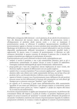 Appunti d’esame
Marketing                                                                                        www.profland.135.it


                                                                                                   Fig. 12.1b
Fig. 12.1a                                                                                         Mappa delle
                              gusto buono                                    ordinario
Mappa delle                                                                                        preferenze /
percezioni                                                              E                          percezioni
(l’amaro)                                                                       D
                  1                                                                                (i sigari)
                      2
                          3                                                    B
                                                                                             C

                                                  livello            forte               leggero
                                          4
                                              5                                A
                                                                                            F


                              gusto cattivo                                  di classe


Dall’analisi conseguono delle decisioni – con la premessa di un calcolo di convenienza in
base alle dimensioni del mercato (ricavi), alla difficoltà di penetrazione (costi) e
all’adeguamento al prodotto ideale (ancora costi) – e cioè se mantenere il
posizionamento attuale, se effettuare il cosiddetto riposizionamento (modificare il
posizionamento) oppure se lanciare un nuovo prodotto poco presidiato dai concorrenti.
Qualunque sia la decisione che verrà presa essa si attuerà utilizzando le varie leve di mktg
disponibili, predisponendo differenti investimenti e ipotizzando possibili rischi e
opportunità. In questo senso il concetto di posizionamento si dimostra un utile
strumento decisionale in quanto consente di mostrare il percorso che si intende far
compiere al prodotto per migliorare le performance di mercato.
Il posizionamento può essere effettuato in diversi modi, e principalmente per:
- attributi: si associa il prodotto a una o più caratteristiche distintive, però se gli si
    attribuiscono caratteristiche di numero elevato si corre il rischio di indebolirne
    l’immagine rendendo indistinguibili gli aspetti fondamentali e differenzianti;
- prezzo-qualità: per i beni che comportano elevate implicazioni di status sociale, tale
    decisione implica la capacità di differenziarsi con una qualità migliore;
- modalità d’uso: si associa al prodotto l’“uso-consumo-applicazione”, quindi l’elemento
    distintivo delle varie offerte non è nelle caratteristiche del bene, ma nel tipo d’uso del
    prodotto (ad es. una bevanda dietetica si afferma come sostitutiva del pasto);
- segmento di clientela: in questo caso il posizionamento nasce dall’ipotesi che più prodotti
    possono essere tra loro differenziati in funzione del consumatore cui sono diretti (gli
    shampoo per es. possono essere per “bambini” o per “adulti”);
- per confronto con la concorrenza: il quale nasce dall’identificazione delle caratteristiche
    specifiche di una marca per differenza o per distanza rispetto ai concorrenti, questa
    differenza può essere generica (es. “siamo i migliori”) o specifica (es. rispetto alla marca
    X, la nostra ha tal caratteristiche).
Il concetto di posizionamento si applica per interpretare le percezioni e le preferenze dei
consumatori riferite alle imprese e ai punti di vendita e ai prodotti. Soprattutto per le
imprese di servizi il concetto di “posizione” si estende anche all’insieme dei prodotti di
un’azienda. Un’ulteriore estensione del concetto di posizionamento riguarda il cosiddetto
posizionamento distributivo: in sostanza si tratta di applicare il concetto di posizionamento
                                                            88/137
 