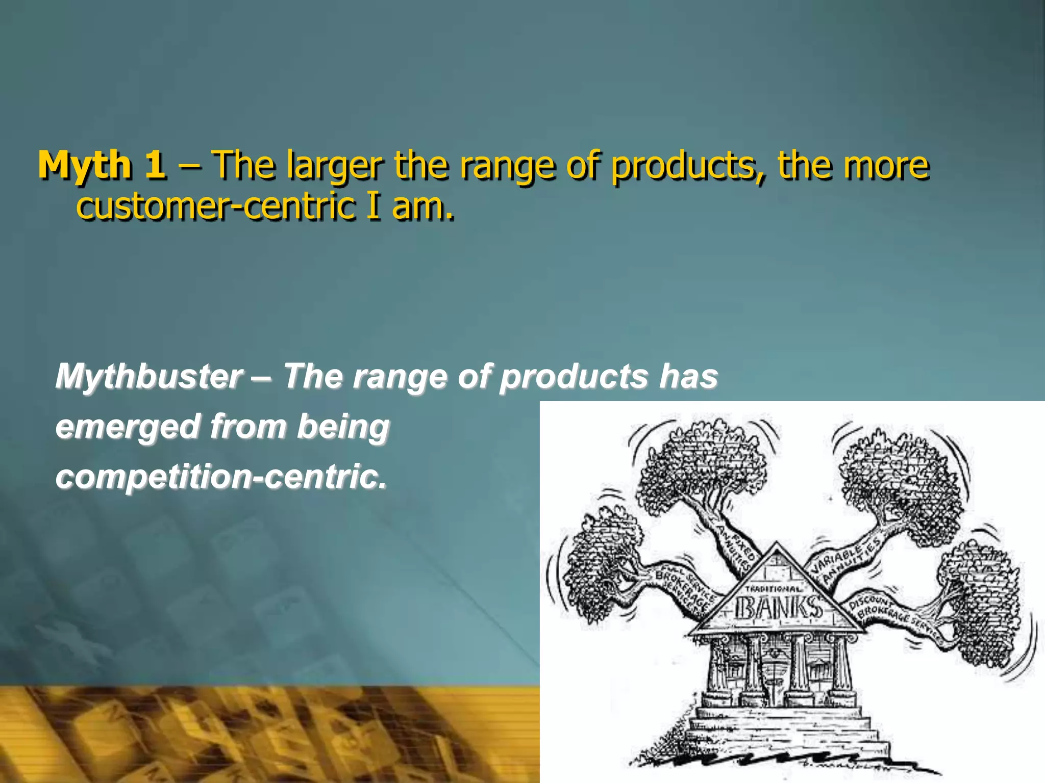 54
Myth 1 – The larger the range of products, the more
customer-centric I am.
Mythbuster – The range of products has
emerged from being
competition-centric.
 