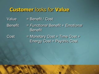 Customer looks for Value
Value     = Benefit / Cost
Benefit   = Functional Benefit + Emotional
            Benefit
Cost      = Monetary Cost + Time Cost +
            Energy Cost + Psychic Cost




                                             18
 