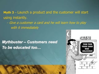 Myth 3 – Launch a product and the customer will start
using instantly.
  - Give a customer a card and he will learn how to play
     with it immediately



Mythbuster – Customers need
To be educated too…




                                                           56
 