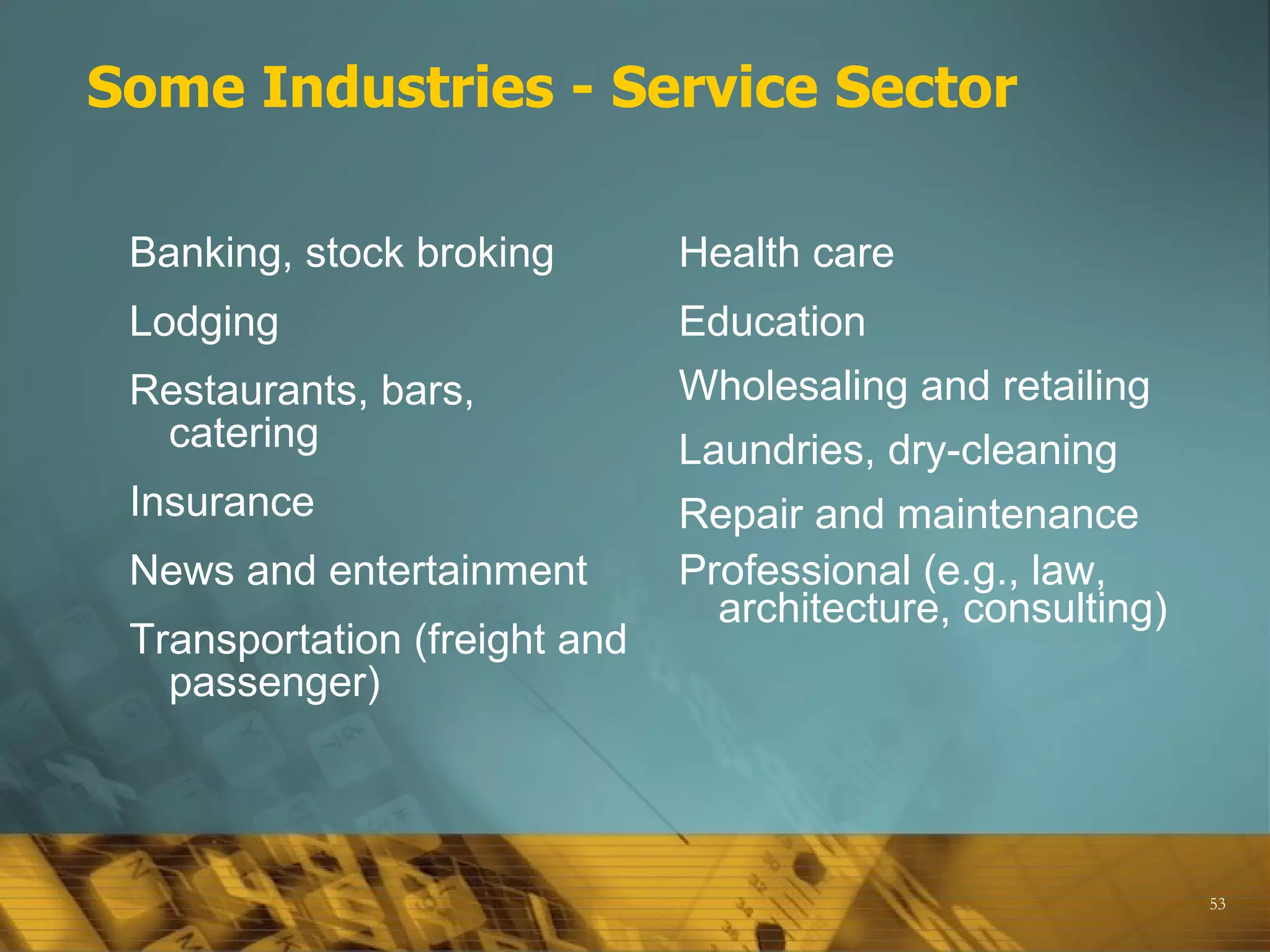 Some Industries - Service Sector

 Banking, stock broking        Health care
 Lodging                       Education
 Restaurants, bars,            Wholesaling and retailing
  catering                     Laundries, dry-cleaning
 Insurance                     Repair and maintenance
 News and entertainment        Professional (e.g., law,
                                 architecture, consulting)
 Transportation (freight and
   passenger)




                                                             53
 