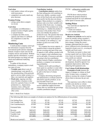 Used when                                      Contribution Analysis                         PVCM = selling price-variable costs
 • total market volume will not grow               Contribution analysis studies how                         selling price
   with lower prices                           the final selling price will contribute to
 • competitors can easily match any            fixed costs. Ideally, a product would            PVCM shows which products
   price decrease                              cover all the fixed costs and contribute      contribute the greatest amount to
                                               a new profit, but this does not always        overhead and profit for each additional
Premium Pricing                                                                              dollar spent to increase sales.
                                               happen. Many products in a company’s
  • setting a price above competi-
                                               business only cover their variable costs      Setting Prices
    tive levels
                                               and part of the fixed costs. A company
                                                                                                Two tools that are important for
Used when                                      must decide if these products are worth
                                                                                             setting prices are:
 • a company can differentiate a               continuing (i.e., whether the product is
                                                                                               • break-even analysis
   product in terms of higher quality          necessary to the product line). Fixed
                                                                                               • cost-volume relationships
   or special features                         costs exist whether the product is
 • a company has little excess                 produced or not. The question that must       Break-even Analysis
   capacity and where it is difficult          be answered: "Is it better to produce a          Break-even analysis can be used as
   for competitors to enter the                product that pays for itself and part of      a tool for initially setting a product’s
   industry                                    the overhead, or do nothing (i.e., not        price or for calculating the effects of a
                                               produce it) and cover none of the             price change. It helps the owner/-
Monitoring Costs                               overhead?”                                    manager understand that for certain
    A multi-product company cannot get             If a company has excess capacity, it      prices, different levels of production are
the information it requires from the           would be better to keep the products          required to break even (i.e., covering all
conventional profit and loss statement.        that are covering only part of the costs.     variable and fixed costs).
Instead, it needs to track costs for the       If capacity is full, selling a product with      The break-even point is where total
company and for each product. Without          low or negative total contribution may        revenue equals total cost. Below break-
product-specific information, it cannot        not be advisable. If resources and sales      even, losses are incurred. Above break-
tell which products are doing well and         are going to the low-contribution             even, profits are realized.
which need additional marketing                product instead of higher contribution           “Sunk” costs, such as research and
support.                                       products, a company is not maximiz-           development, should be ignored. Use
    To gather all the relevant                 ing profitability.                            equipment depreciation, rather than
information, a company needs to track              Salaries can be split according to        deducting full equipment costs.
two types of costs:                            hours spent on a product or some other        Cost-Volume-Profit Relationships
   • Variable costs (direct costs of           reasonable basis. Rent and utilities can         Economies of scale measure the
     manufacturing): costs specific to         be split on the basis of volume               impact of changes in volume on fixed
     the manufacturing of the particular       allocation.                                   costs. In many cases, a company’s
     good or service under scrutiny (i.e.,         Company advertising and general           ability to increase the volume of output
     labor, raw materials and supplies)        and administrative overhead cannot be         allows them to decrease the per unit
   • Fixed costs: ongoing costs that           allocated to specific products, so are        cost.
     occur whether a business is shut          non-traceable fixed costs.                       The experience curve effect is where
     down for a period of time or in full          Determining which products should         variable costs decline as volume
     production (i.e., depreciation,           receive additional support becomes            increases. This can cause better results
     insurance, taxes, selling and             clearer after we calculate the percentage     from increasing the volume of products.
     administration costs, utilities, and      variable contribution margin.5
     other costs)
  Table 1: Break-Even Analysis

   The following table shows an example of a break-even analysis for five different prices of one product.

   Unit Selling Price                $21.95                 $23.95                $25.95               $27.95                $29.95
   Unit Variable Cost                 $ 7.95                 $ 7.95                $ 7.95               $ 7.95                $ 7.95
   Unit Contribution(A)              $14.00                 $16.00                $18.00               $20.00                $22.00
   Estimated Sales                   27,500                 27,500                25,000               20,000                18,000
   Revenue                       $603,625                $646,650              $648,750              $559,000              $539,100
   Fixed Costs(B)                $400,000                $400,000              $400,000              $400,000              $400,000
   Variable Costs                $218,625                $214,650              $198,750              $159,000              $143,100
   Profit (loss)                 ($15,000)                $ 32,000              $ 50,000                   $0               ($4,000)

   Break-even (units)(C)           $28,571                $ 25,000              $ 22,222             $ 20,000              $ 18,182
 