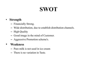 SWOT
• Strength
   –   Financially Strong.
   –   Wide distribution, due to establish distribution channels.
   –   High Quality
   –   Good image in the mind of Customer.
   –   Aggressive Promotion scheme's.
• Weakness
   – Pure milk is not used in ice cream
   – There is no variation in Taste.
 