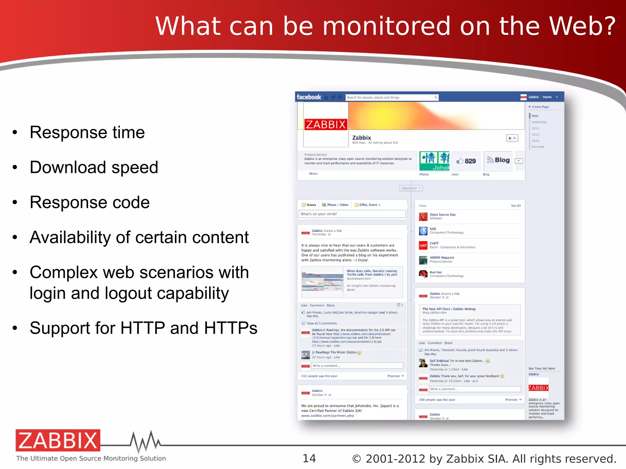What can be monitored on the Web?



• Response time

• Download speed

• Response code

• Availability of certain content

• Complex web scenarios with
  login and logout capability
• Support for HTTP and HTTPs




                                    13   © 2001-2012 by Zabbix SIA. All rights reserved.
 