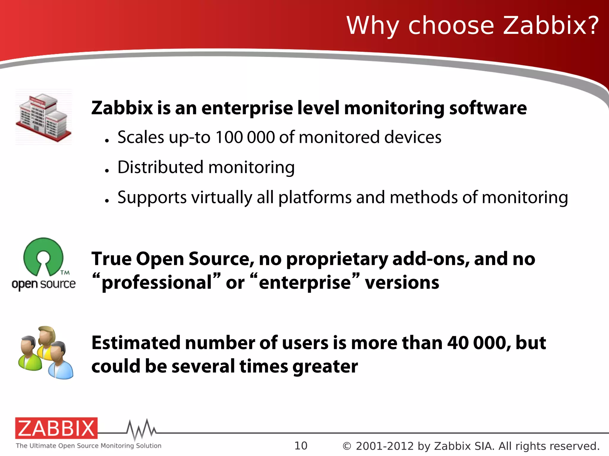 Why choose Zabbix?


Zabbix is an enterprise level monitoring software
 ●
     Scales up-to 100 000 of monitored devices
 ●
     Distributed monitoring
 ●
     Supports virtually all platforms and methods of monitoring


True Open Source, no proprietary add-ons, and no
“professional” or “enterprise” versions


Estimated number of users is more than 40 000, but
could be several times greater


                              9   © 2001-2012 by Zabbix SIA. All rights reserved.
 