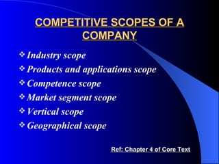 COMPETITIVE SCOPES OF A COMPANY Industry scope Products and applications scope Competence scope Market segment scope Vertical scope Geographical scope Ref: Chapter 4 of Core Text 