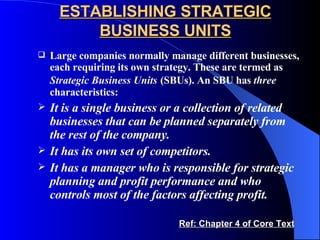 ESTABLISHING STRATEGIC BUSINESS UNITS Large companies normally manage different businesses, each requiring its own strategy. These are termed as  Strategic Business Units   (SBUs). An SBU has  three  characteristics: It is a single business or a collection of related businesses that can be planned separately from the rest of the company. It has its own set of competitors. It has a manager who is responsible for strategic planning and profit performance and who controls most of the factors affecting profit. Ref: Chapter 4 of Core Text 