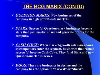 THE BCG MARIX (CONTD) QUESTION MARKS :  New businesses of the company in high growth-rate markets. STARS :   Successful Question-mark businesses become stars that gain market share and generate profits for the company. CASH COWS:   When market-growth rate slows down  as competitors enter the segment, businesses that remain successful become Cash Cows. They fund Stars and new Question-mark businesses. DOGS :   These are businesses in decline and the company has the option to “harvest” or “divest”. 