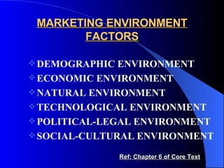 MARKETING ENVIRONMENT FACTORS DEMOGRAPHIC ENVIRONMENT ECONOMIC ENVIRONMENT NATURAL ENVIRONMENT TECHNOLOGICAL ENVIRONMENT POLITICAL-LEGAL ENVIRONMENT SOCIAL-CULTURAL ENVIRONMENT Ref: Chapter 6 of Core Text 