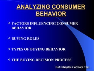 ANALYZING CONSUMER BEHAVIOR FACTORS INFLUENCING CONSUMER BEHAVIOR BUYING ROLES TYPES OF BUYING BEHAVIOR THE BUYING DECISION PROCESS Ref: Chapter 7 of Core Text 