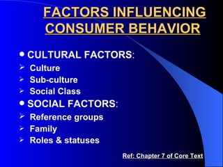 FACTORS INFLUENCING CONSUMER BEHAVIOR CULTURAL FACTORS : Culture Sub-culture Social Class SOCIAL FACTORS : Reference groups Family Roles & statuses  Ref: Chapter 7 of Core Text 