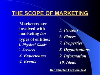 THE SCOPE OF MARKETING Marketers are involved with marketing  ten   types of entities: 1. Physical Goods 2. Services 3. Experiences 4. Events 5. Persons 6. Places 7. Properties 8. Organizations 9. Information 10. Ideas Ref: Chapter 1 of Core Text 
