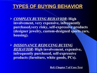 TYPES OF BUYING BEHAVIOR COMPLEX BUYING BEHAVIOR :   High involvement, very expensive, infrequently purchased,very risky, self-expressive products (designer jewelry, custom-designed sports cars, housing). DISSONANCE REDUCING BUYING BEHAVIOR :   High involvement, expensive, infrequently purchased, self-expressive products (furniture, white goods, PCs). Ref: Chapter 7 of Core Text 