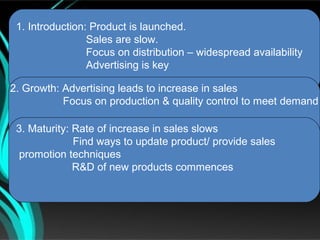 1. Introduction: Product is launched.
                 Sales are slow.
                 Focus on distribution – widespread availability
                 Advertising is key

2. Growth: Advertising leads to increase in sales
           Focus on production & quality control to meet demand

 3. Maturity: Rate of increase in sales slows
              Find ways to update product/ provide sales
  promotion techniques
              R&D of new products commences
 