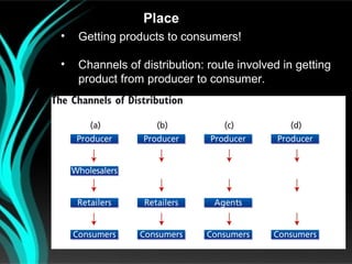 Place
•   Getting products to consumers!

•   Channels of distribution: route involved in getting
    product from producer to consumer.
 