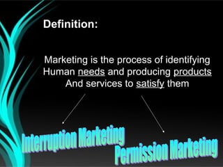 Definition:


Marketing is the process of identifying
Human needs and producing products
    And services to satisfy them
 