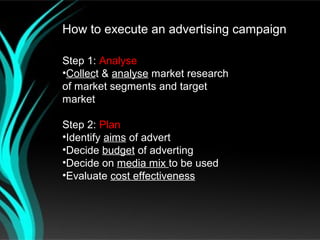 How to execute an advertising campaign

Step 1: Analyse
•Collect & analyse market research
of market segments and target
market

Step 2: Plan
•Identify aims of advert
•Decide budget of adverting
•Decide on media mix to be used
•Evaluate cost effectiveness
 