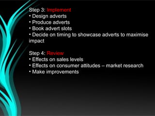 Step 3: Implement
• Design adverts
• Produce adverts
• Book advert slots
• Decide on timing to showcase adverts to maximise
impact

Step 4: Review
• Effects on sales levels
• Effects on consumer attitudes – market research
• Make improvements
 