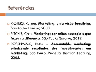 Referências

   RICHERS, Raimar. Marketing: uma visão brasileira.
    São Paulo: Elsevier, 2000.
   RITCHIE, Chris. Mark...