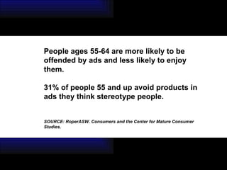 People ages 55-64 are more likely to be offended by ads and less likely to enjoy them.  31% of people 55 and up avoid products in ads they think stereotype people. SOURCE: RoperASW. Consumers and the Center for Mature Consumer Studies. 
