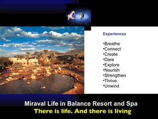 Miraval Life in Balance Resort and Spa   There is life. And there is living Experiences Breathe  Connect Create Dare Explore Nourish Strengthen Thrive  Unwind 