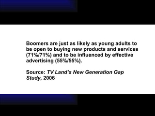 Boomers are just as likely as young adults to be open to buying new products and services (71%/71%) and to be influenced by effective advertising (55%/55%).   Source:  TV Land’s New Generation Gap Study,  2006 