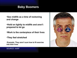 See midlife as a time of reckoning and change  Hold on tightly to midlife and aren’t prepared to let go  Work is the centerpiece of their lives They feel stretched Example: They aren’t sure how to fit exercise into their lives SOURCE: AARP Baby Boomers 