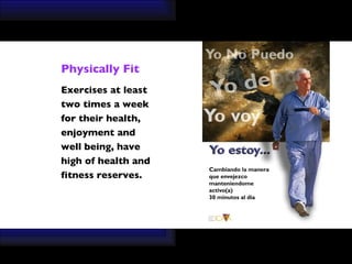 Physically Fit Exercises at least  two times a week  for their health,  enjoyment and  well being, have  high of health and  fitness reserves. 