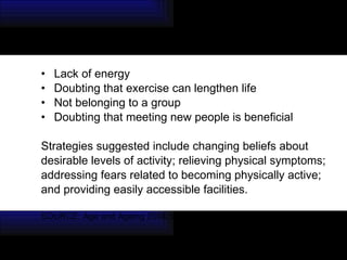 Lack of energy  Doubting that exercise can lengthen life  Not belonging to a group  Doubting that meeting new people is beneficial  Strategies suggested include changing beliefs about  desirable levels of activity; relieving physical symptoms;  addressing fears related to becoming physically active;  and providing easily accessible facilities.  SOURCE: Age and Ageing 2004;33:287-292 