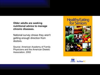 Older adults are seeking nutritional advice to manage chronic diseases. National survey shows they aren't getting enough direction from doctors.  Source: American Academy of Family Physicians and the American Dietetic Association, 2002 