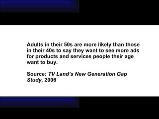 Adults in their 50s are more likely than those in their 40s to say they want to see more ads for products and services people their age want to buy. Source:  TV Land’s New Generation Gap Study,  2006 