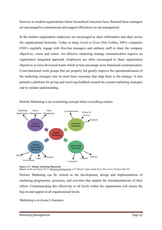 however in modern organizations where hierarchical structures have flattened these managers
   are encouraged to communicate and suggest efficiencies to top management.

   In the modern organisation employees are encouraged to share information and ideas across
   the organisational hierarchy. Today in many Good to Great (Jim Collins, 2001) companies
   CEO‟s regularly engage with first-line managers and ordinary staff to share the company
   objectives, vision and values. An effective marketing strategy communication requires an
   organisation integrated approach. Employees are often encouraged to share organisation
   objectives in cross-divisional teams which in turn encourage cross-functional communication.
   Cross-functional work groups that are properly led greatly improve the operationalization of
   the marketing strategies into its most basic outcomes that align back to the strategy. It also
   presents a platform for giving and receiving feedback around the current marketing strategies
   and to validate understanding.



   Holistic Marketing is an overarching concept where everything matters.

 Marketing      Senior            Other             Communication
Opportunities Management       Departments                                Product &
                                                                           Service

                                                                                 Channels
                 Internal                                   Integrated
                Marketing                                   Marketing


                                        Holistic
                                       Marketing



                  Socially                                 Relationship
                Responsible                                 Marketing
                 Marketing

Ethics
                               Community                                          Partners
                       Legal                                          Channel
         Environment
                                                        Customers

   Figure 4.1.2 –Holistic Marketing Dimensions
   Source: Kotler and Keller (2012). Marketing Management. (14th Edition). Upper Saddle River, New Jersey: Prentice Hall. P41

   Holistic Marketing can be viewed as the development, design and implementation of
   marketing programmes, processes, and activities that support the interdependencies of their
   efforts. Communicating this effectively to all levels within the organisation will ensure the
   buy-in and support at all organisational levels.

   Marketing is everyone‟s business.



   Marketing Management                                                                                                         Page 22
 