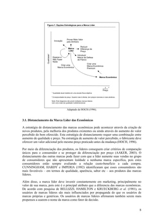 Adaptado de HOCH (1996).



3.1. Distanciamento da Marca Líder das Econômicas

A estratégia de distanciamento das marcas econômicas pode acontecer através da criação de
novos produtos, pela melhoria dos produtos existentes ou ainda através do aumento do valor
percebido do bem oferecido. Esta estratégia de distanciamento requer uma combinação entre
aumento de qualidade e preço. Na estratégia de aumento de valor percebido, o fabricante deve
oferecer um valor adicional pelo mesmo preço praticado antes da mudança (HOCH, 1996).

Por meio da diferenciação dos produtos, os líderes conseguem criar critérios de comparação
únicos para o consumidor e se proteger da diferenciação por preço (AAKER, 2003). O
distanciamento das outras marcas pode fazer com que a líder aumente suas vendas no grupo
de consumidores que não apresentam lealdade a nenhuma marca específica, pois estes
consumidores estão sempre avaliando a relação custo-benefício a cada compra.
CUNNINGHAM, HARDY e IMPERIA (1982) identificaram que esses consumidores são
mais favoráveis – em termos de qualidade, aparência, sabor etc – aos produtos das marcas
líderes.

Além disso, a marca líder deve investir constantemente em marketing, principalmente no
valor de sua marca, pois este é o principal atributo que a diferencia das marcas econômicas.
De acordo com pesquisa de BELLIZZI, HAMILTON e KRUECKBERG et al. (1981), os
usuários de marcas líderes são mais influenciados por propaganda do que os usuários de
marcas próprias e genéricas. Os usuários de marcas líderes afirmaram também serem mais
propensos a usarem o nome da marca como fator de decisão.


                                                                                          8
 