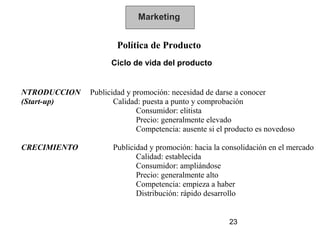 Marketing


                      Política de Producto
                    Ciclo de vida del producto


NTRODUCCION   Publicidad y promoción: necesidad de darse a conocer
(Start-up)           Calidad: puesta a punto y comprobación
                            Consumidor: elitista
                            Precio: generalmente elevado
                            Competencia: ausente si el producto es novedoso

CRECIMIENTO         Publicidad y promoción: hacia la consolidación en el mercado
                           Calidad: establecida
                           Consumidor: ampliándose
                           Precio: generalmente alto
                           Competencia: empieza a haber
                           Distribución: rápido desarrollo


                                                       23
 