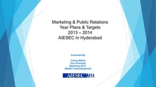 Marketing & Public Relations
   Year Plans & Targets
        2013 – 2014
  AIESEC In Hyderabad


           Presented By

           Umang Mehta
          Vice President
          Marketing 2013
      AIESEC Hyderabad|India
 