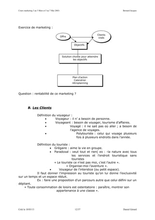 Cours marketing 3 au 5 Mars et 5 au 7 Mai 2003-                                            Bernard Jacques




Exercice de marketing :

                                                                                 Clients
                                                                                 Clients
                                                  Offre
                                                  Offre                           visés
                                                                                  visés

                                                             Objectifs



                                                   Solution choisie pour atteindre
                                                             les objectifs




                                                           Plan d’action
                                                             Calendrier
                                                           rétroplanning



Question : rentabilité de ce marketing ?



          B. Les Clients

                     Définition du voyageur :
                          •       Voyageur : il n’ a besoin de personne.
                          •       Voyageant : besoin de voyager, tourisme d’affaires.
                          •                Voyagé : il ne sait pas où aller ; a besoin de
                                           l’agence de voyages.
                          •                      Polytouriste : celui qui voyage plusieurs
                                                 fois à plusieurs endroits dans l’année.

             Définition du touriste :
                       • Grégaire : aime la vie en groupe.
                       • Paradoxal : veut tout et rien( ex : -la nature avec tous
                                      les services et l’endroit touristique sans
                                      touristes
                         « Le touriste ce n’est pas moi, c’est l’autre ».
                                  « Organise-moi l’aventure ».
                       •     Voyageur de l’interstice (ou petit espace).
             Il faut donner l’impression au touriste qu’on lui donne l’exclusivité
sur un temps et un espace réduit.
             Ex : faire une proposition d’un parcours autre que celui défini sur un
dépliant.
    « Toute consommation de loisirs est ostentatoire : paraître, montrer son
                           appartenance à une classe ».




Créé le 18/03/13                                              12/37                        Daniel Gérard
 