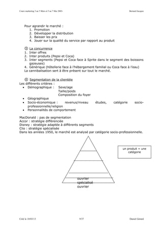 Cours marketing 3 au 5 Mars et 5 au 7 Mai 2003-                                      Bernard Jacques




     Pour agrandir le marché :
        1. Promotion
        2. Développer la distribution
        3. Baisser les prix
        4. Jouer sur la qualité du service par rapport au produit

     ⑤  La concurrence
     1. Inter offres
     2. Inter produits (Pepsi et Coca)
     3. Inter segments (Pepsi et Coca face à Sprite dans le segment des boissons
        gazeuses)
     4. Générique (hôtellerie face à l’hébergement familial ou Coca face à l’eau)
     La cannibalisation sert à être présent sur tout le marché.

     ⑥ Segmentation de la clientèle
Les différents critères :
  • Démographique : Sexe/age
                          Taille/poids
                          Composition du foyer
  • Géographique
  • Socio-économique :         revenus/niveau                  études,   catégorie        socio-
     professionnelle/religion
  • Personnalités de comportement

MacDonald : pas de segmentation
Accor : stratégie différenciée
Disney : stratégie adaptée à différents segments
Clio : stratégie spécialisée
Dans les années 1950, le marché est analysé par catégorie socio-professionnelle.




                                                                              un produit = une
                                                                                  catégorie




                                                  ouvrier
                                                  spécialisé
                                                  ouvrier




Créé le 18/03/13                                   9/37                              Daniel Gérard
 