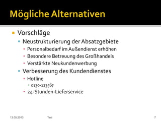  Vorschläge
 Neustrukturierung der Absatzgebiete
▪ Personalbedarf im Außendienst erhöhen
▪ Besondere Betreuung des Großhandels
▪ Verstärkte Neukundenwerbung
 Verbesserung des Kundendienstes
▪ Hotline
▪ 0130-123567
▪ 24-Stunden-Lieferservice
13.05.2013 Test 7
 