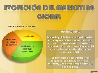 TRASNACIONAL
Marketing global- trasnacional consiste
en la expansión hacia otros mercados
en base a la generación de productos
estandarizados y de aceptacion mundial
y los cuales sea posible distribuir a
escala mundial.
El marketing global trasnacional
reconoce las diferencias en cada
mercado, y al mismo tiempo distingue
lo que es global.
 