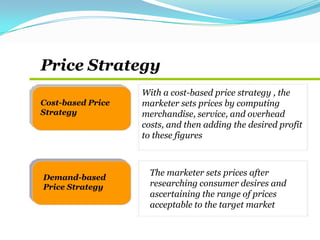 Price Strategy
Cost-based Price
Strategy
Demand-based
Price Strategy
The marketer sets prices after
researching consumer desires and
ascertaining the range of prices
acceptable to the target market
With a cost-based price strategy , the
marketer sets prices by computing
merchandise, service, and overhead
costs, and then adding the desired profit
to these figures
 